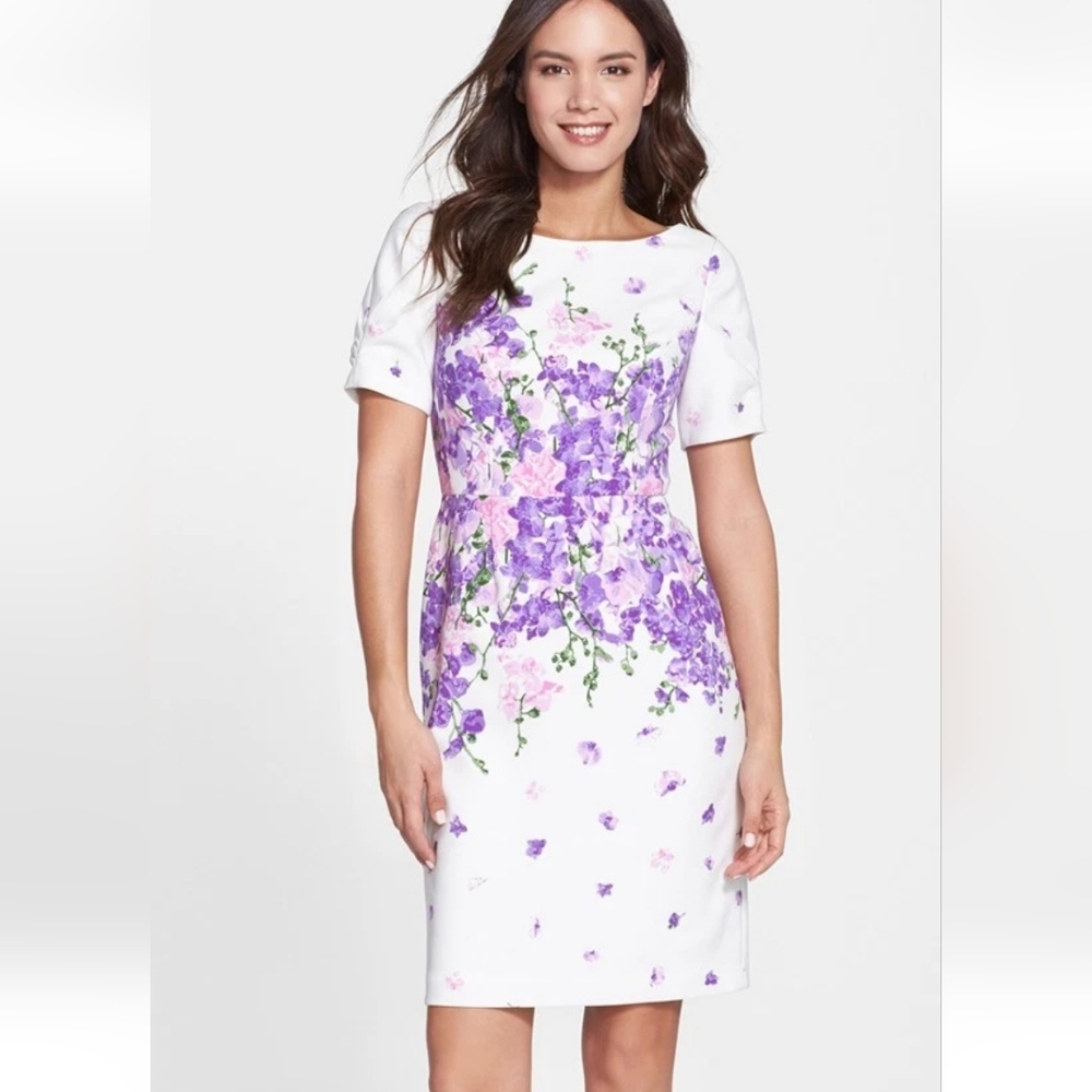 Adrianna Papell Garden Party Floral Print Short Sleeve Sheath Dress, Size 16